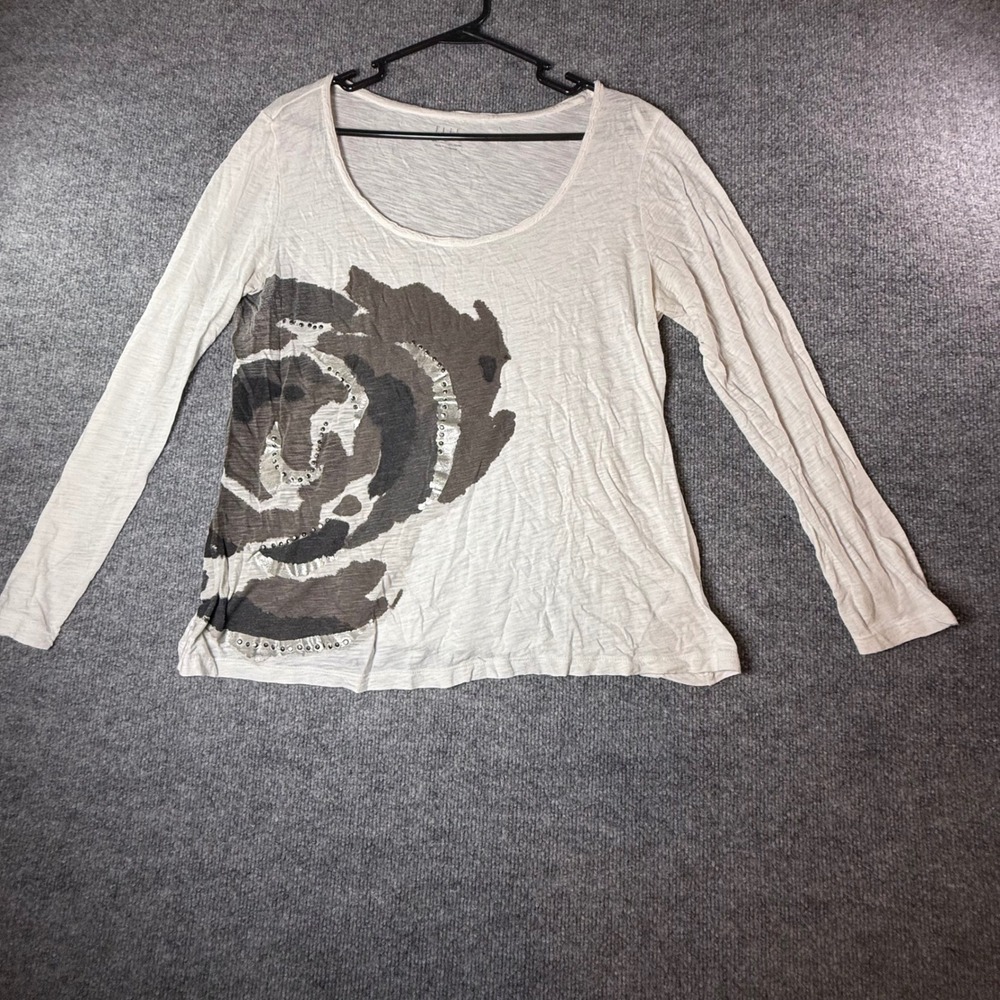 ELLE Womens Long Sleeve Scoop Neck Slub Knit Floral‎ Studded Graphic Top White L